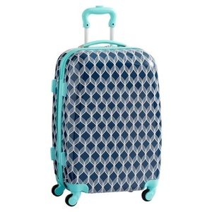 Hard-sided Navy and Pool Bryn Carry-on Spinner suitcase from Pottery Barn Teen